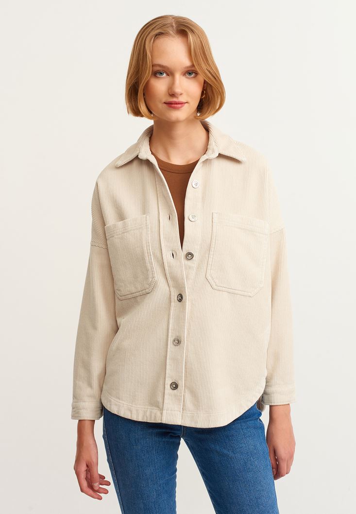 Women Beige Oversize Cord Velvet Shirt