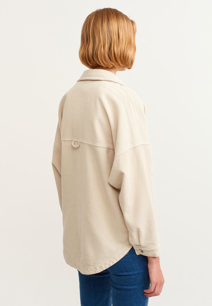 Women Beige Oversize Cord Velvet Shirt