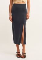 Women Black Soft Touch Midi Skirt with Slit Detail