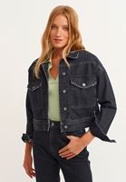 Women Black Crop Denim Jacket with Pocket Detail