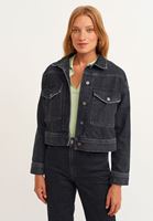 Women Black Crop Denim Jacket with Pocket Detail
