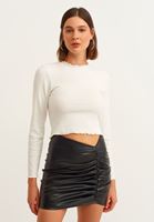 Bayan Krem Uzun Kollu Crop Tişört