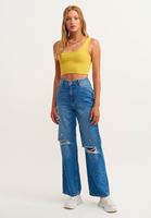 Bayan Sarı Kare Yaka Crop Top