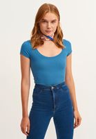 Bayan Mavi Pamuklu U-Neck Tişört