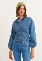 Bayan Mavi Balon Kollu Denim Bluz
