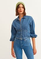Bayan Mavi Balon Kollu Denim Bluz