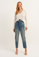 Bayan Mavi Kuşaklı Mom-Fit Denim Pantolon
