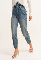 Bayan Mavi Kuşaklı Mom-Fit Denim Pantolon