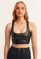 Bayan Siyah Vegan Deri Cut-Out Detaylı Bralet
