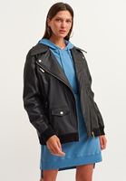Bayan Siyah Boyfriend Vegan Biker Ceket