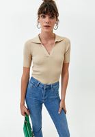 Bayan Krem Polo Yaka Triko Top ( MODAL )