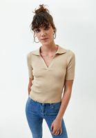 Bayan Krem Polo Yaka Triko Top ( MODAL )