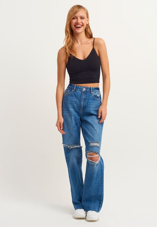 Dik Yaka Tül Bluz ve Culotte Denim Pantolon Kombini