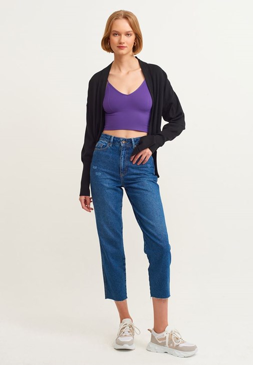 Dikişsiz Crop Top ve Yüksek Bel Mom Jean Pantolon Kombini