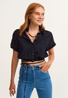 Bayan Siyah Pamuklu ve Beli Bağlamalı Crop Gömlek