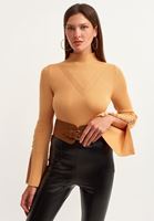 Bayan Kahverengi Flare Kollu High-Neck Triko