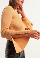 Bayan Kahverengi Flare Kollu High-Neck Triko