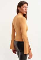 Bayan Kahverengi Flare Kollu High-Neck Triko