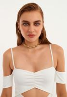 Bayan Krem Cut-Out Detaylı Yırtmaçlı Midi Elbise