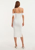 Bayan Krem Cut-Out Detaylı Yırtmaçlı Midi Elbise