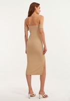 Bayan Bej Cut-Out Detaylı Yırtmaçlı Midi Elbise