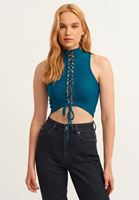 Bayan Mavi Bağcık Detaylı Crop Top