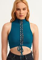 Bayan Mavi Bağcık Detaylı Crop Top