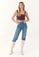 Women Bordeaux Crop Top with Lace Up Detail