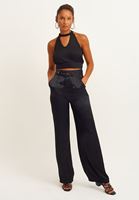 Bayan Siyah Kemer Detaylı Wide-Leg Pantolon