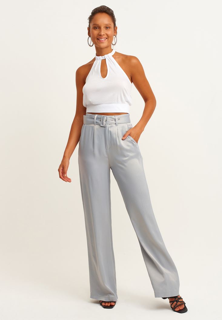 Grey Wide Leg Pants With Belt Detail Online Shopping | OXXOSHOP