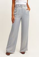 Bayan Gri Kemer Detaylı Wide-Leg Pantolon