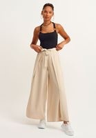 Bayan Açık Bej Yırtmaç Detaylı Wide-Leg Pantolon