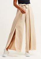 Bayan Açık Bej Yırtmaç Detaylı Wide-Leg Pantolon