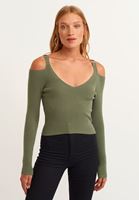 Bayan Yeşil V-Neck Triko Kazak