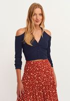 Women Navy Off-shoulder Crop Cardigan with Button Closure