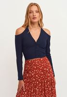 Women Navy Off-shoulder Crop Cardigan with Button Closure