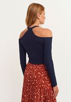 Women Navy Off-shoulder Crop Cardigan with Button Closure