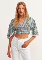 Bayan Çok Renkli Desenli Crop Bluz