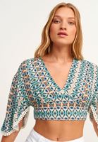 Bayan Çok Renkli Desenli Crop Bluz