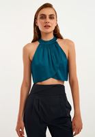 Bayan Mavi Halter Yaka Crop Bluz
