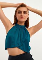 Bayan Mavi Halter Yaka Crop Bluz