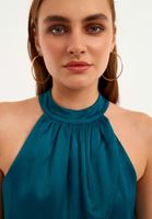 Bayan Mavi Halter Yaka Crop Bluz