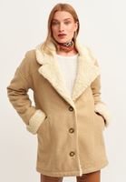Bayan Bej Yünlü Oversize Midi Kaban