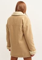 Bayan Bej Yünlü Oversize Midi Kaban