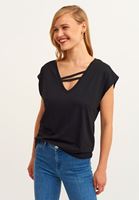 Bayan Siyah Biye Detaylı V-Neck Tişört