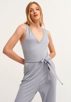 Bayan Gri Yumuşak Dokulu V-Neck Tulum
