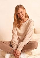 Bayan Bej Boot-Neck Balon Kollu Bluz