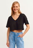 Bayan Siyah V-Neck Ajurlu Crop Bluz