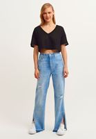 Bayan Siyah V-Neck Ajurlu Crop Bluz