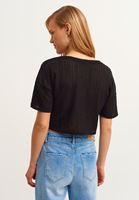 Bayan Siyah V-Neck Ajurlu Crop Bluz